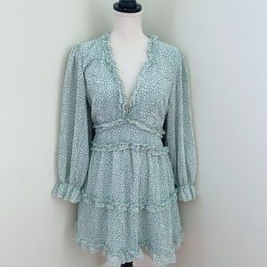 Cottagecore Dress! Blue, White Spotted, Ruffled, Size L, Long Sleeve, SOLD